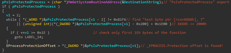 Find Protection offset by signature in PsIsProtectedProcess